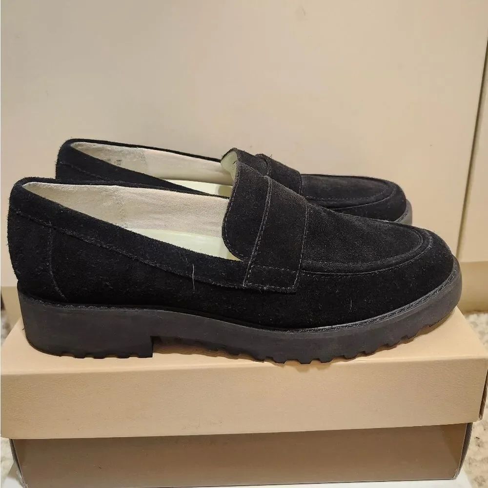 NWT FRANCO SARTO "Carol" Black Suede Lug Sole Penny Loafers Sz. 8M/39 Ret.$130